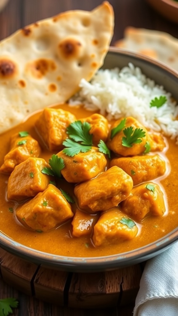 A bowl of Indian Curry Number 4 with chicken in coconut sauce, garnished with cilantro, served with rice and naan.